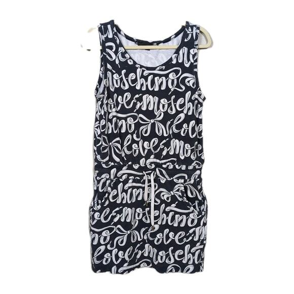 LOVE MOSCHINO Black White Cotton Terry Tank Dress Cursive Logo Women's US 8 - Picture 1 of 6